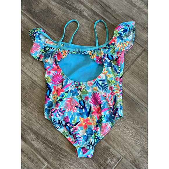 Girls 7/8 Blue Floral Toucan Ruffle Swimsuit One Piece Tropical Bathing Suit - Picture 2 of 5